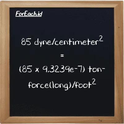 How to convert dyne/centimeter<sup>2</sup> to ton-force(long)/foot<sup>2</sup>: 85 dyne/centimeter<sup>2</sup> (dyn/cm<sup>2</sup>) is equivalent to 85 times 9.3239e-7 ton-force(long)/foot<sup>2</sup> (LT f/ft<sup>2</sup>)